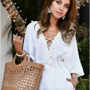 Bindya New York White Boho Top Caftan Swim Coverup Pom Pom Crochet Lace One Size